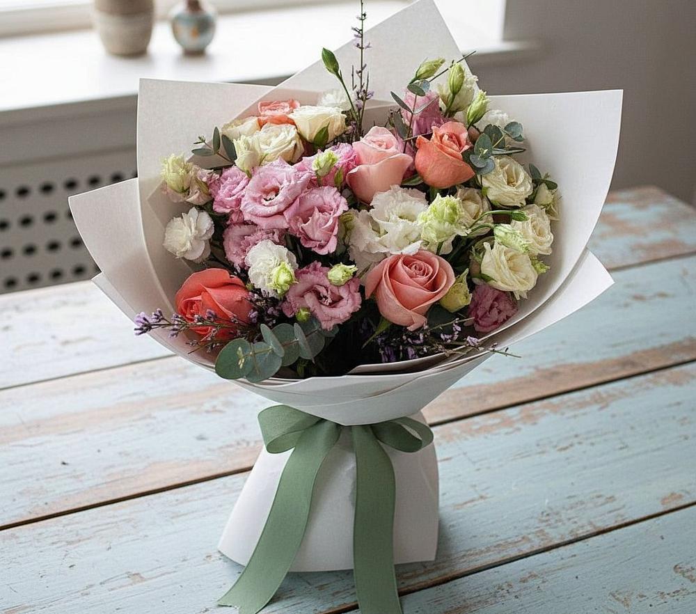 Букет цветов из: Розы, Лизиантусы и Гвоздики в Шангале