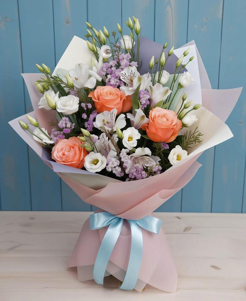 Букет цветов из: Лизиантусы, Розы, Альстромерии и Гипсофила в Шангале