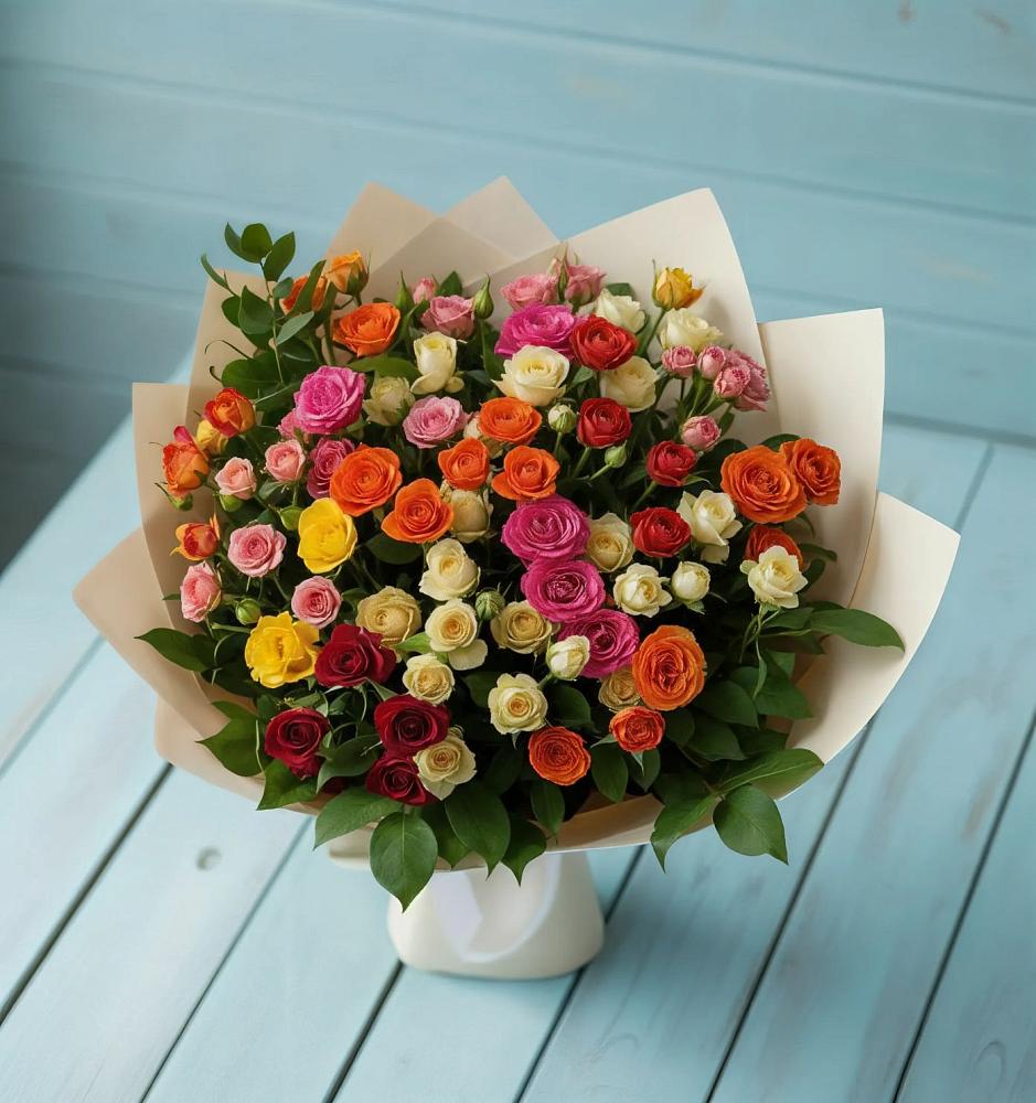 Букет Микс из разноцветных кустовых роз в Шангале